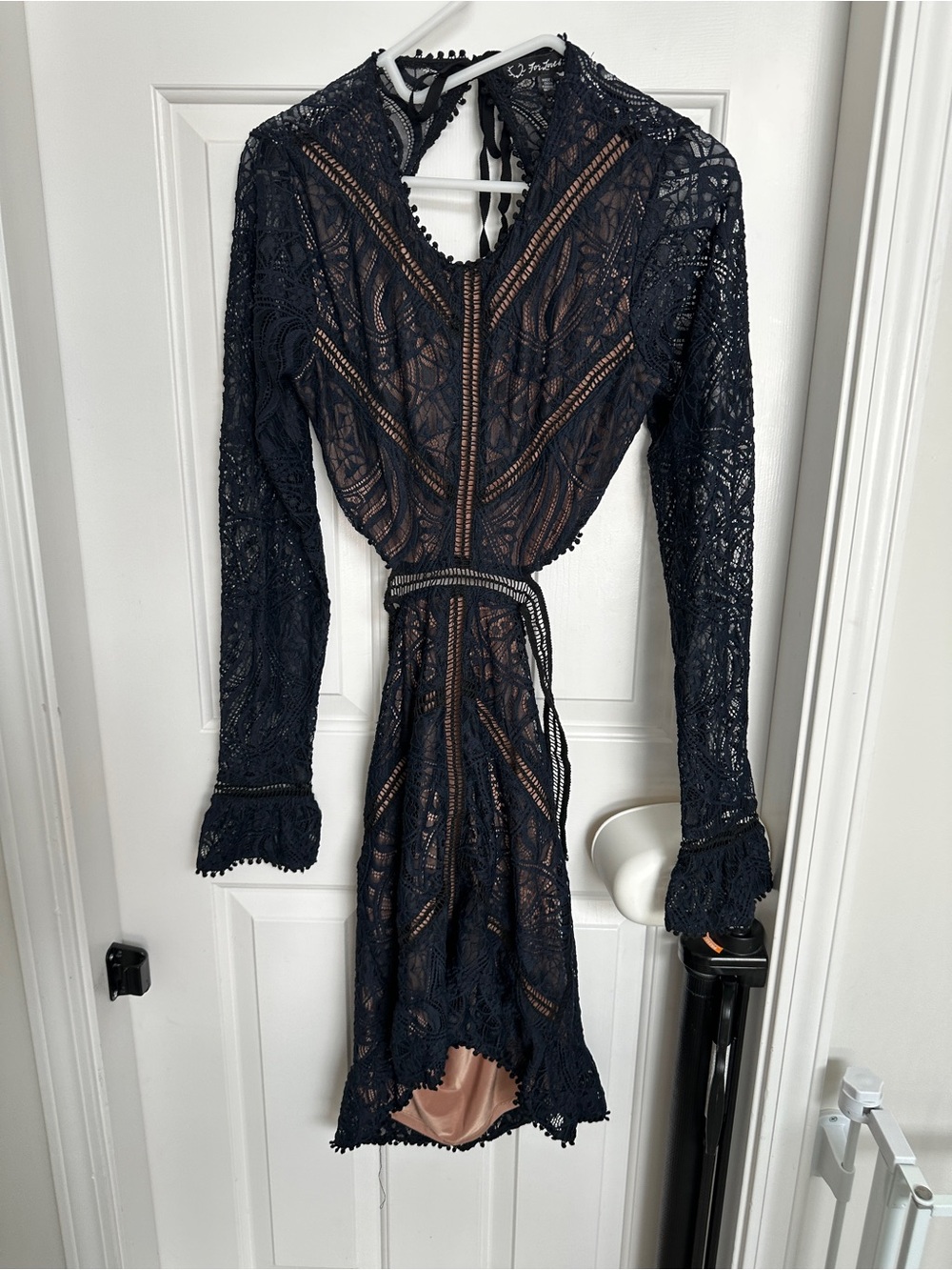 For Love & Lemons Black (Dark Navy) Lace Backless Long Sleeve Mini Dress - L